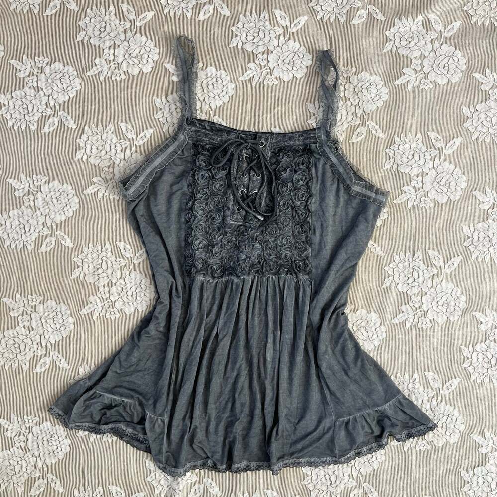 POL Gray Rosette Lace-Up Babydoll Tunic Top Size S